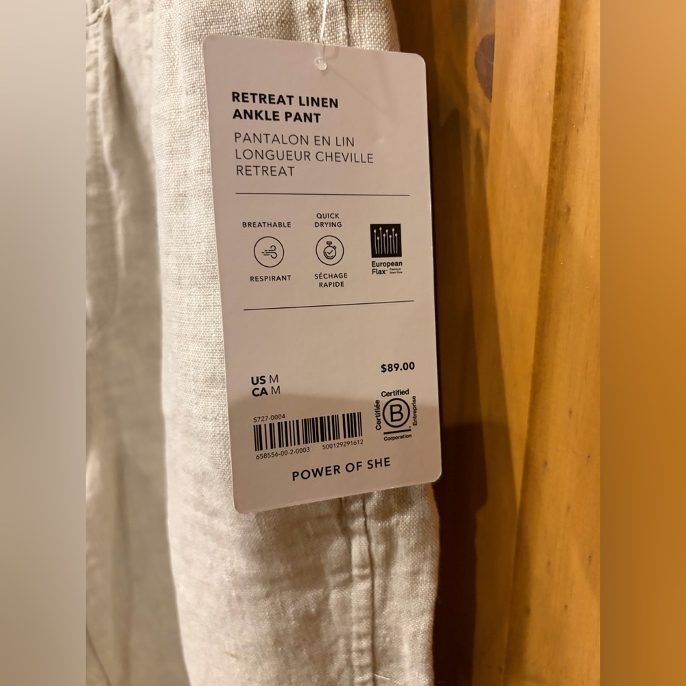 NWT Athleta Retreat High Rise Linen Ankle Pant, Undyed (natural or cream) Medium - Picture 3 of 7